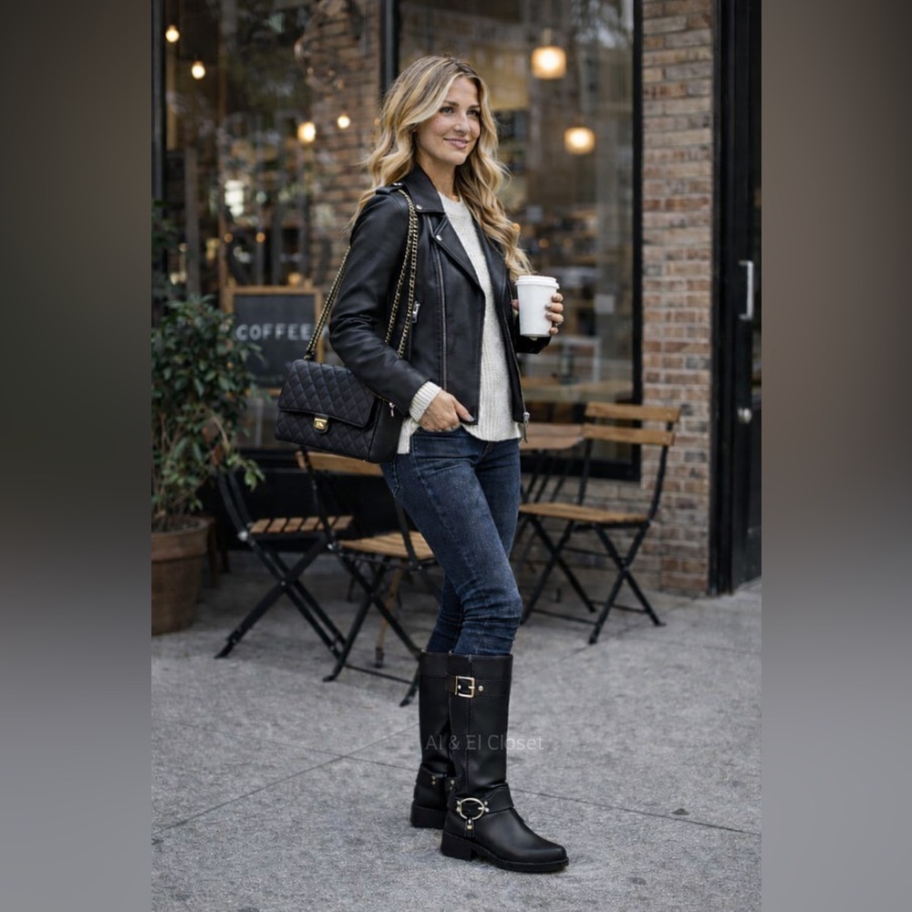 Michael Kors Crosby Moto Boots Black Leather Biker Boots Size 8.5 M New With Box